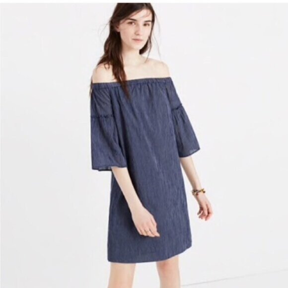 Madewell Women’s Navy Blue Pinstripe Off the Shoulder Bell Sleeve Dress Size 14 - Picture 4 of 8